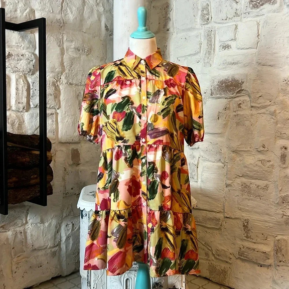 Pink Ripple | Floral Layered Mini Shirt Dress - Picture 1 of 7